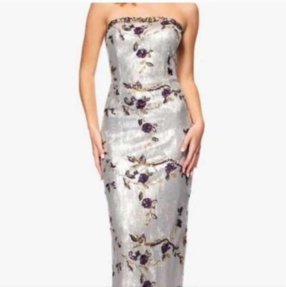 Betsy & Adam Silver Strapless Floral Gown - Picture 2 of 11